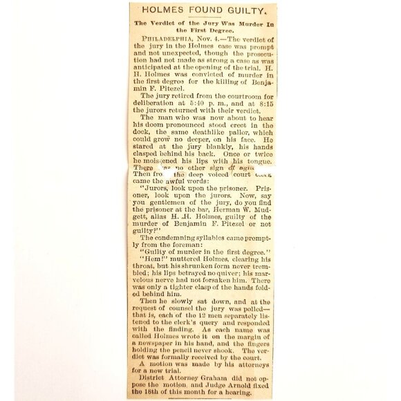 1895 H.H. Holmes Verdict Guilty Worlds Fair Serial Killer Article Victorian F13J - Picture 3 of 3